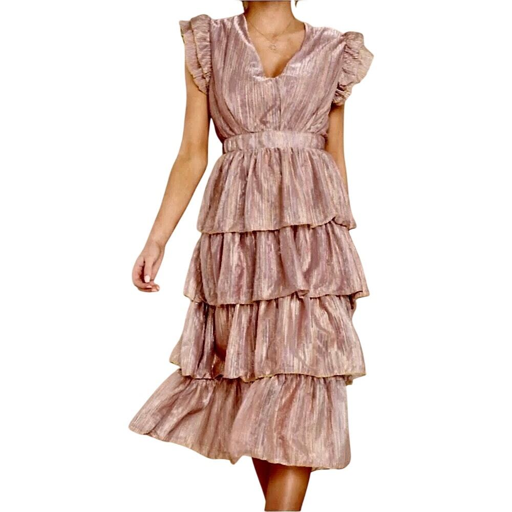 NWT Storia Metallic Mauve Gold Ruffled Midi Dress Fairy Boho Romantic S